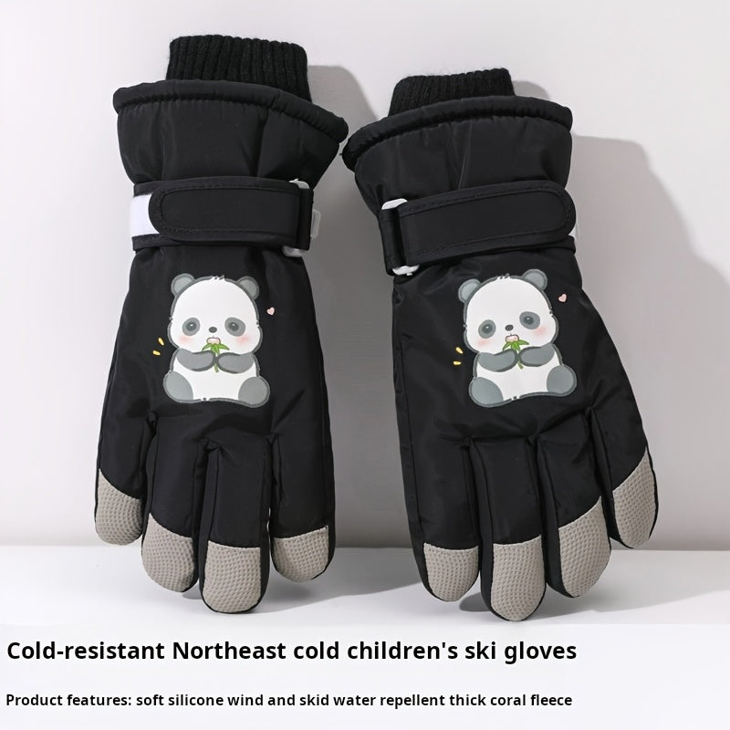 1 Pair Women'S Winter Ski Gloves, Cute Panda Design, Touchscreen Compatible, Polyester Thermal Lining, Velvet Palm, Magic Tape Closure, Hand Washable, Weather-Resistant